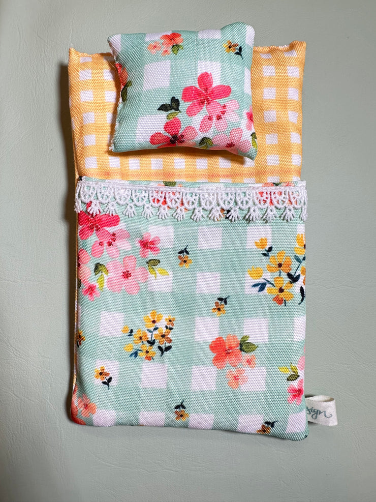 Pastel Blue Checkered Doll Bed