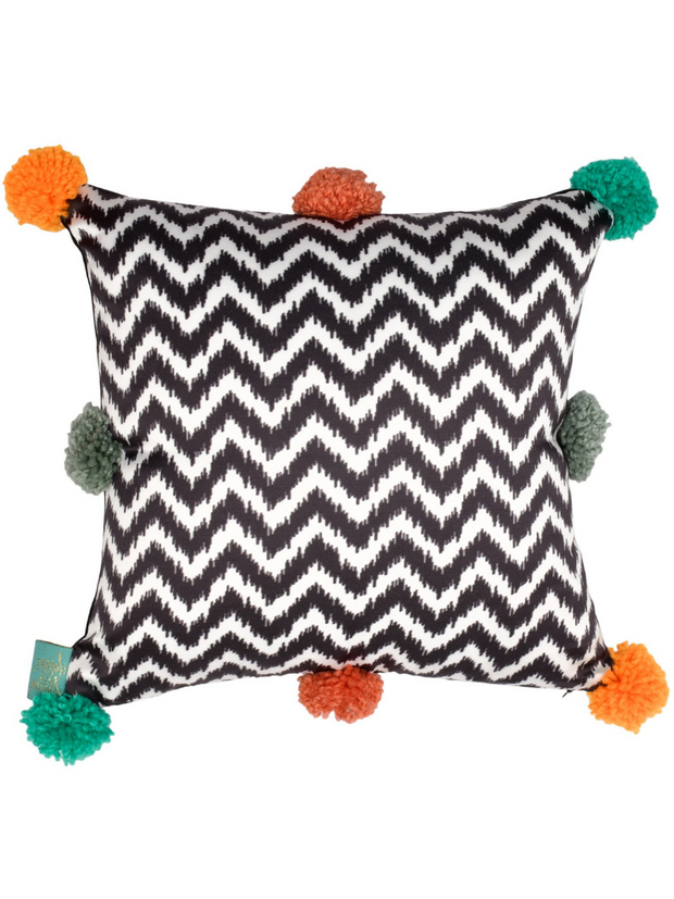 Ikkat Chevron Cushion with Colorful Pompoms