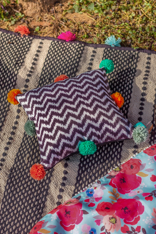 Ikkat Chevron Cushion with Colorful Pompoms