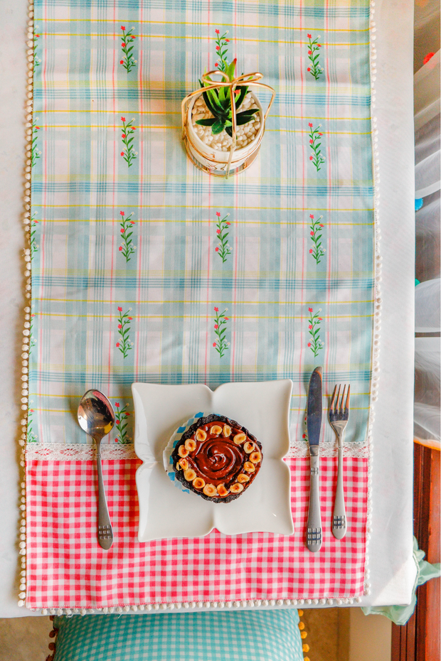 Flora check and striped table runner