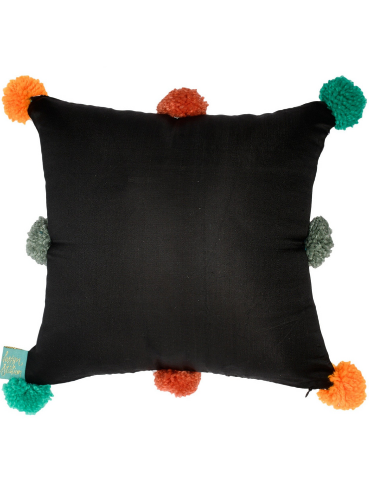 Ikkat Chevron Cushion with Colorful Pompoms