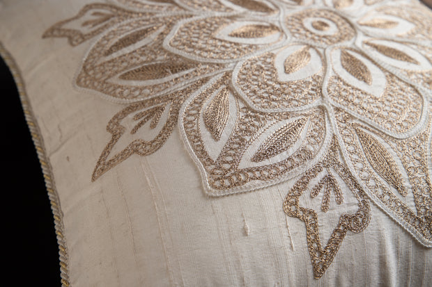 Gold and White Embroidered Cushion Cover