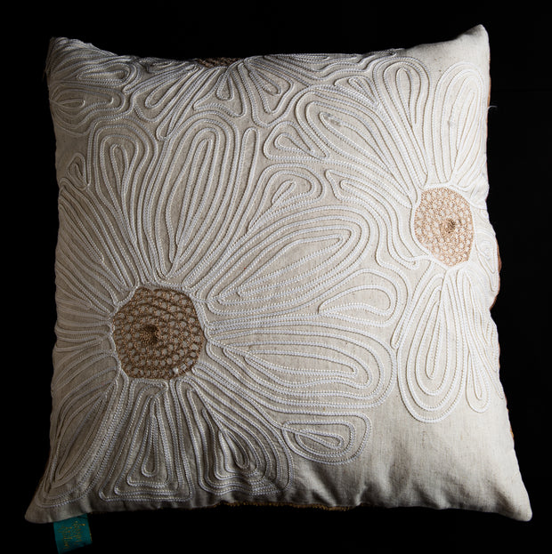 Gold and White Embroidered Cushion Cover