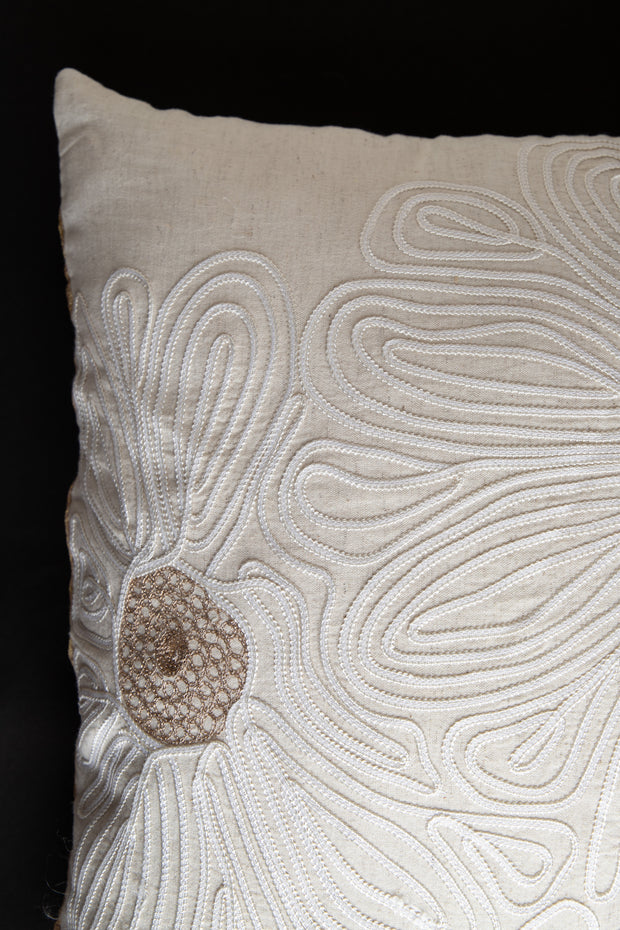 Gold and White Embroidered Cushion Cover