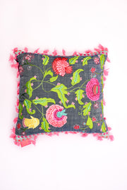 Ikkat Floral Denim Square Cushion Cover