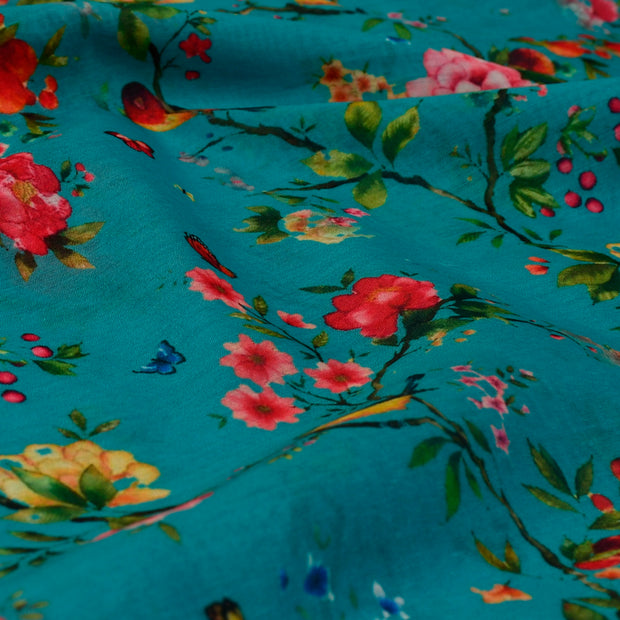 Azure Vines and Sparrows Print Fabric