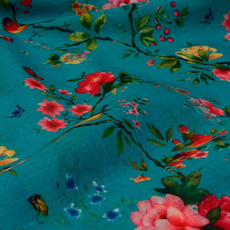 Azure Vines and Sparrows Print Fabric