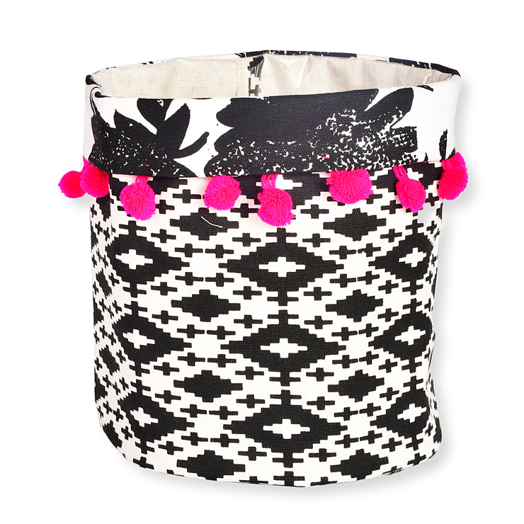 Black & White Planter with Pink Pompoms