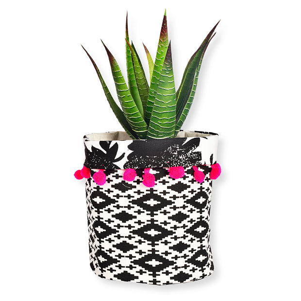 Black & White Planter with Pink Pompoms