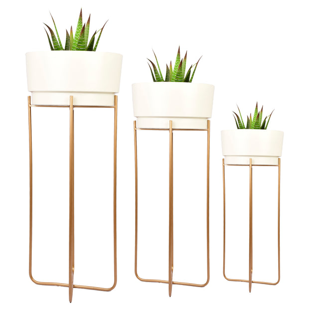 White Luxe Planter with Golden Stand        (Set of 3)