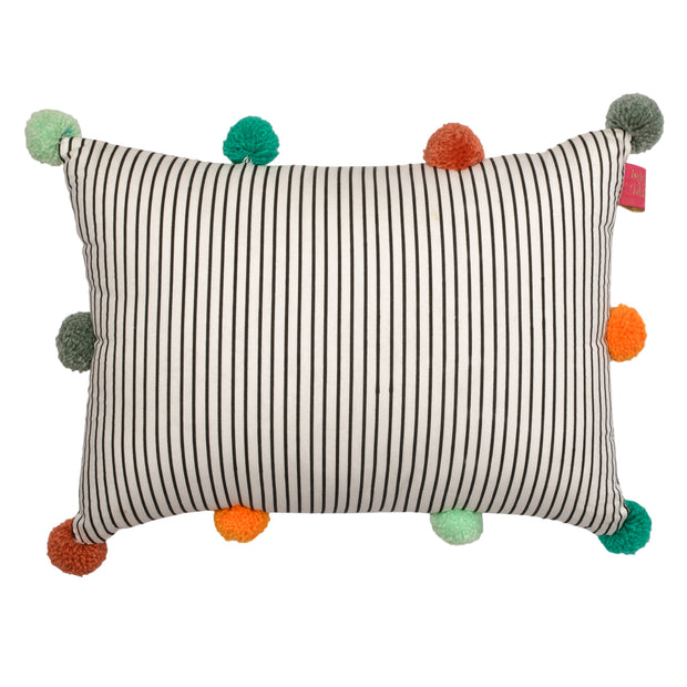 Monochrome Streaked Cushion with Colorful Pompoms