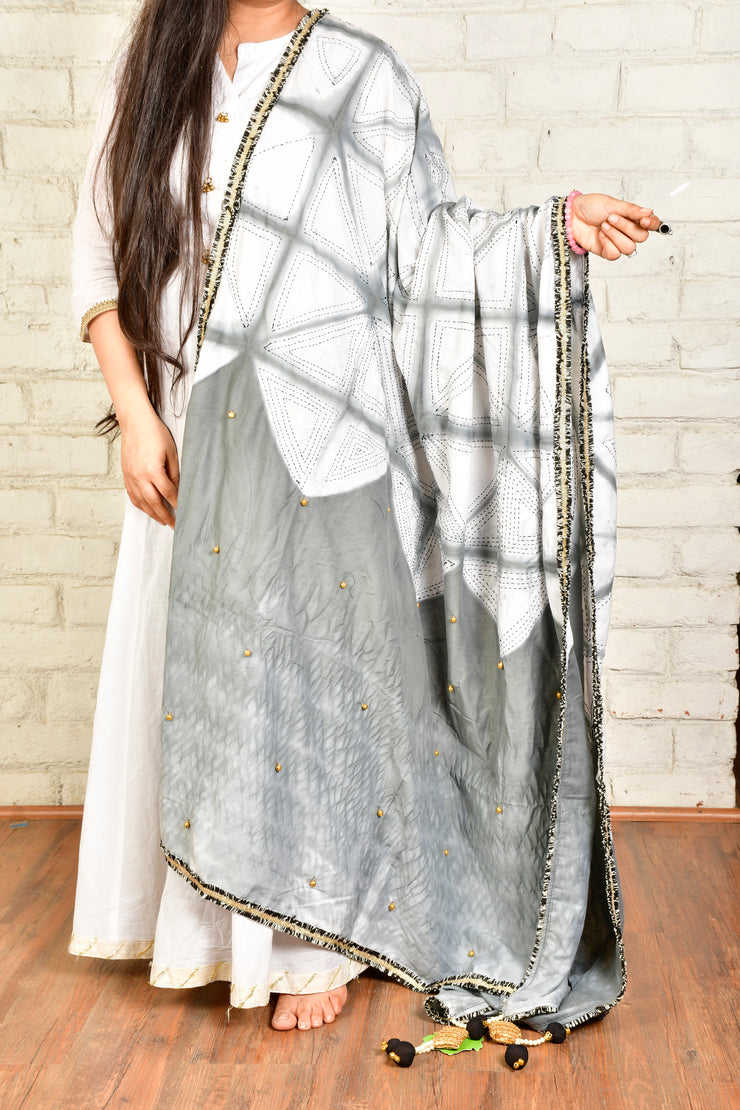 Grey Shibori Kantha Stole