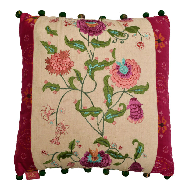 Ikkat Floral Square Cushion Cover with Silk Patch