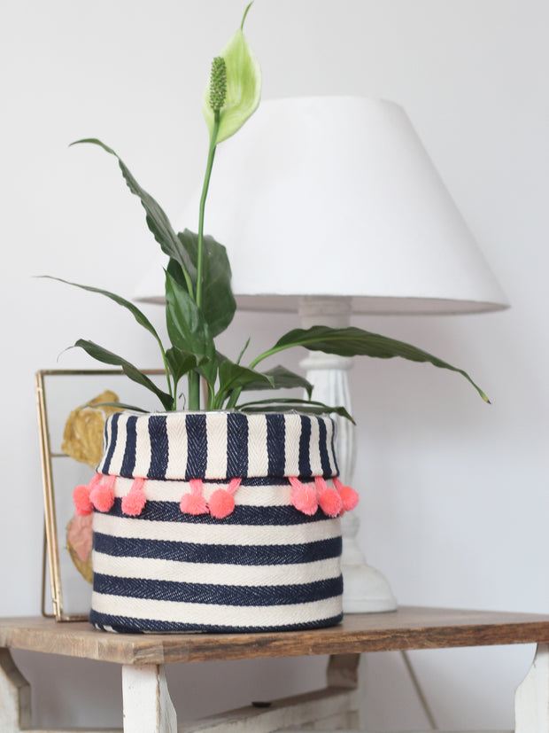 Striped Planter with Neon Pompoms